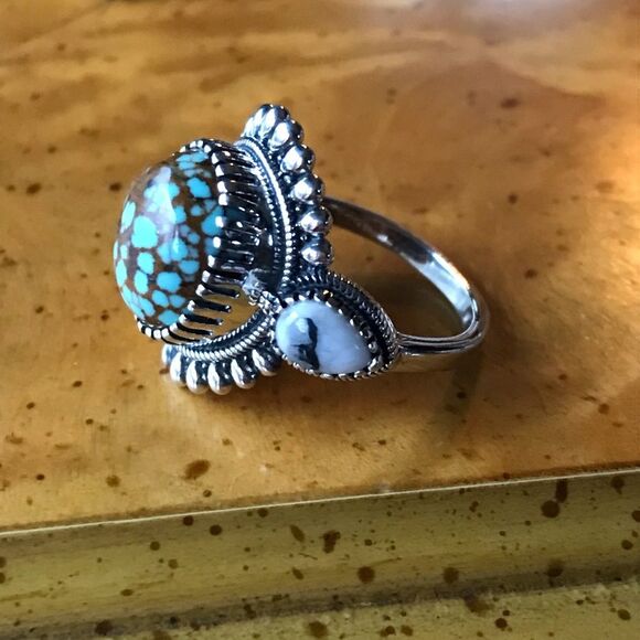 Natural White Buffalo Royston Turquoise Sterling Silver Ring Size 7 - Picture 8 of 9